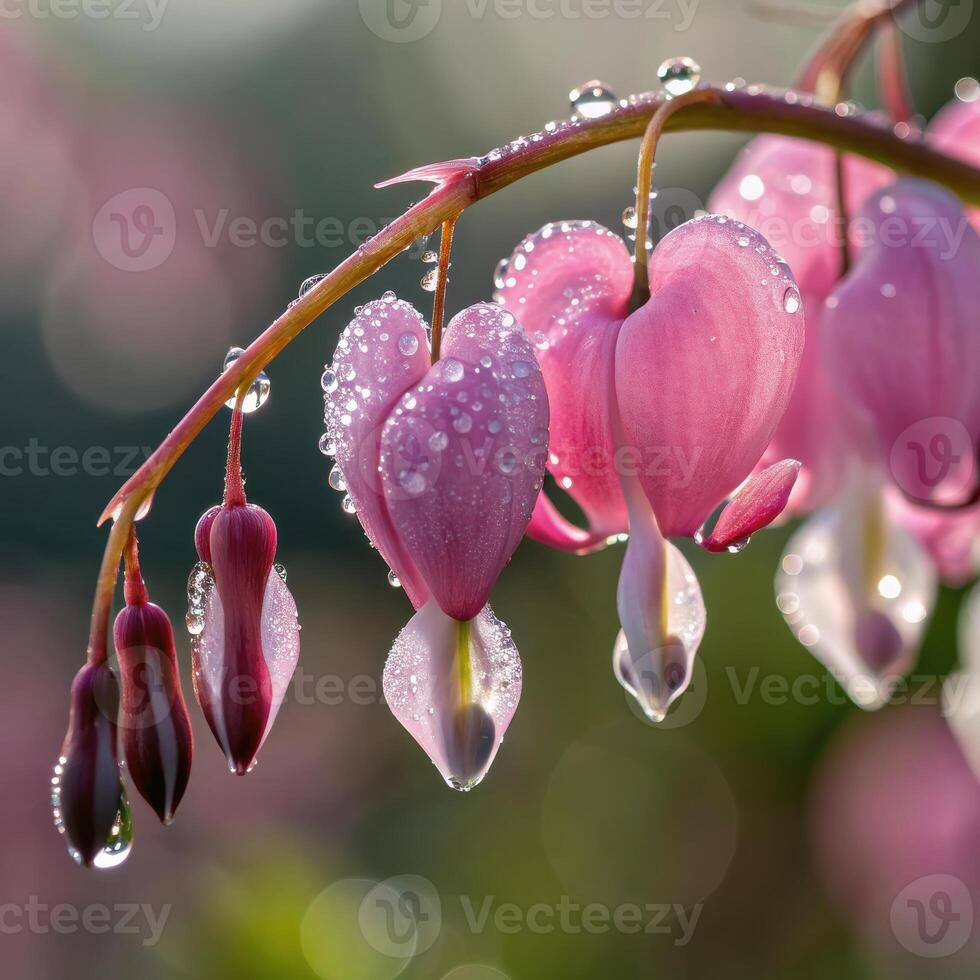 Bleeding heart flower with dew drops in a soft, dreamy background, macro photography photo