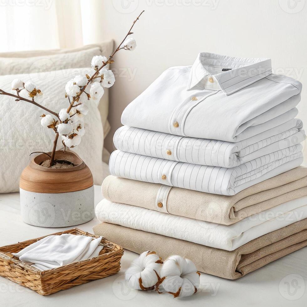 Neatly folded white and beige shirts stacked on table with cotton flowers in vase and copy space photo