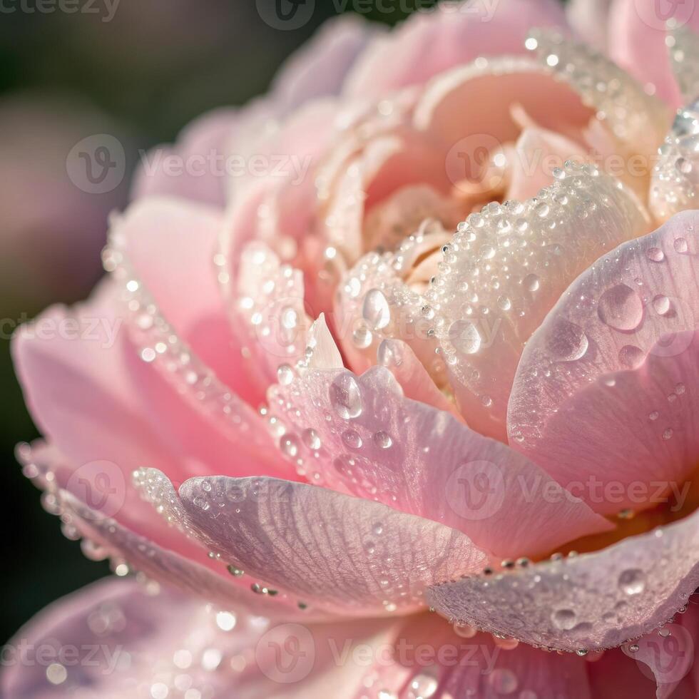 Peony flower with dew drops in a soft, elegant background, macro photography photo