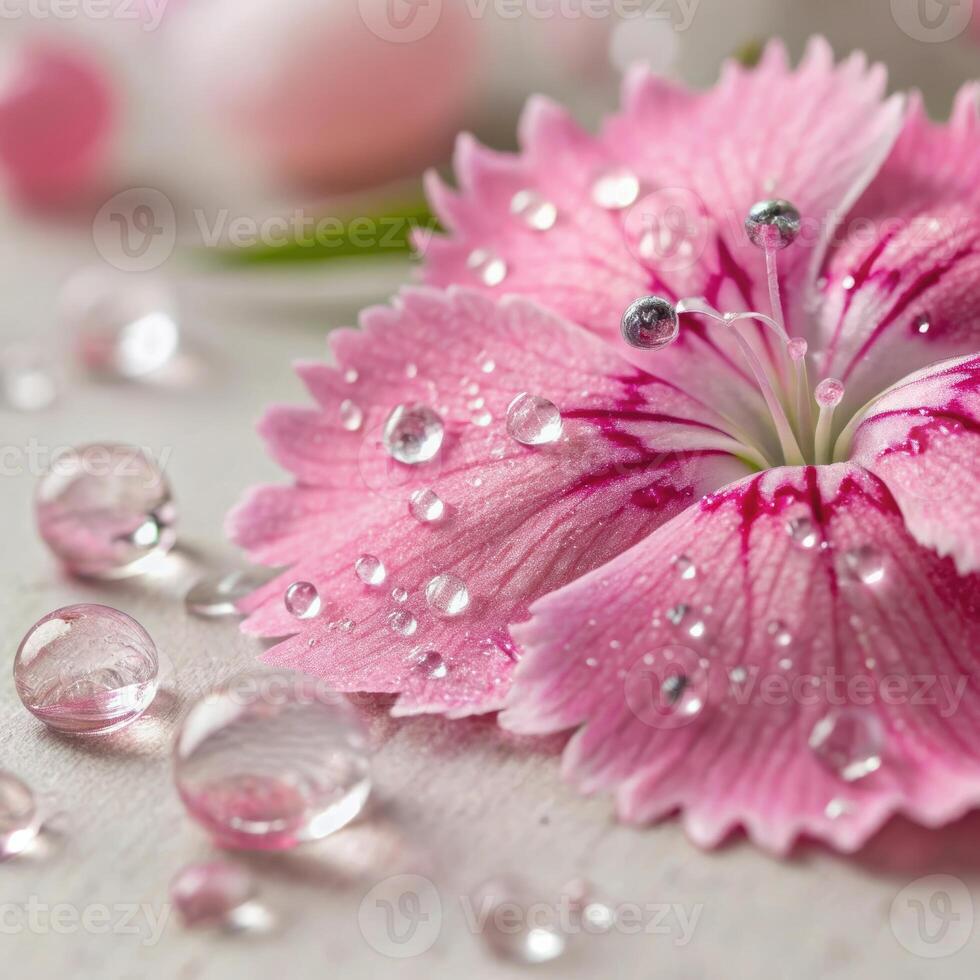 Dianthus flower with dew drops in a soft, romantic background, macro photography photo