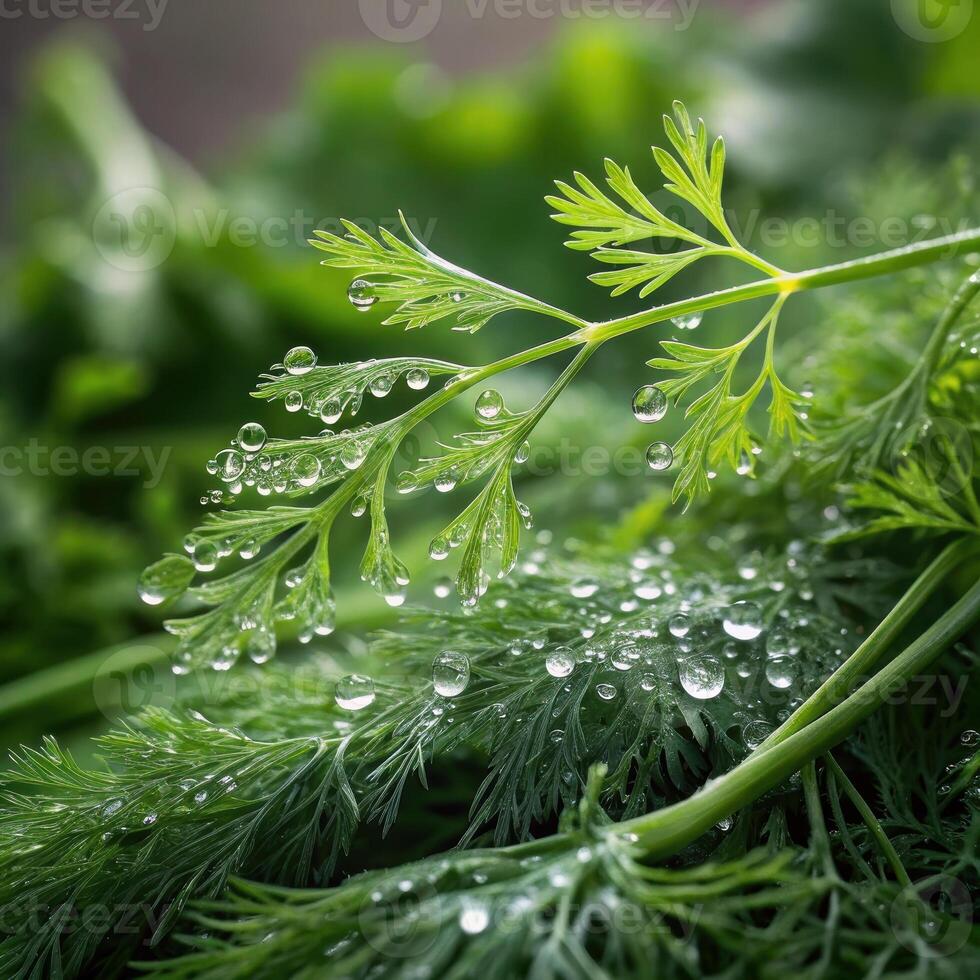 Fresh dill with water droplets displaying a natural feel on a green background photo