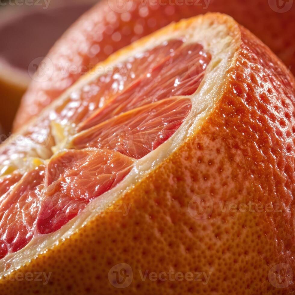 Close-up of juicy pink grapefruit slice with textured skin photo