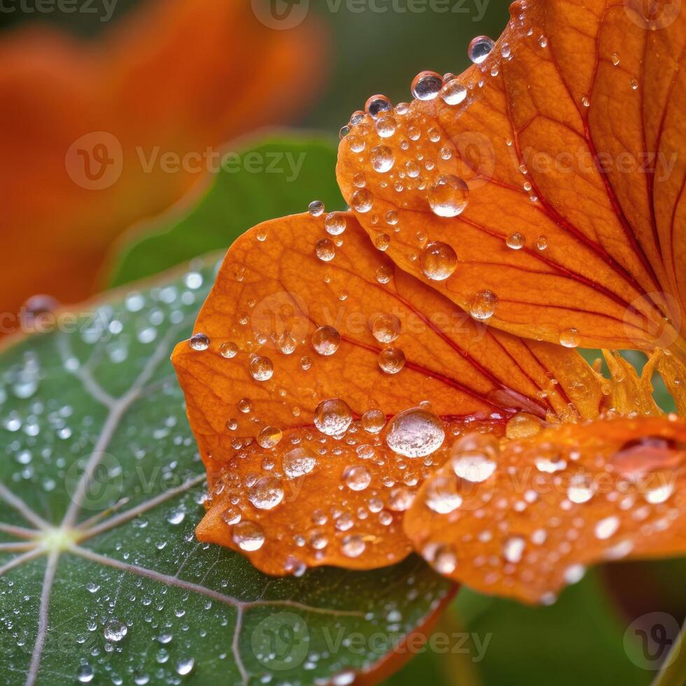 Nasturtium flower and leaves with dew drops in a soft, colorful background, macro photography photo
