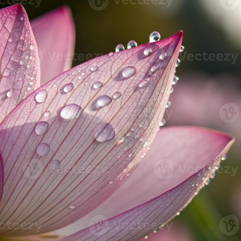 Lotus flower petal with dew drops in a soft, serene background, macro photography photo
