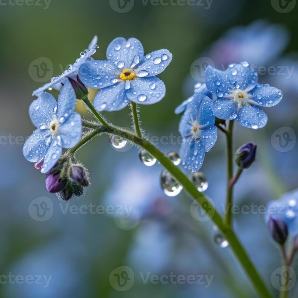 Forget-me-not flowers with dew drops in a soft, vibrant background, macro photography photo