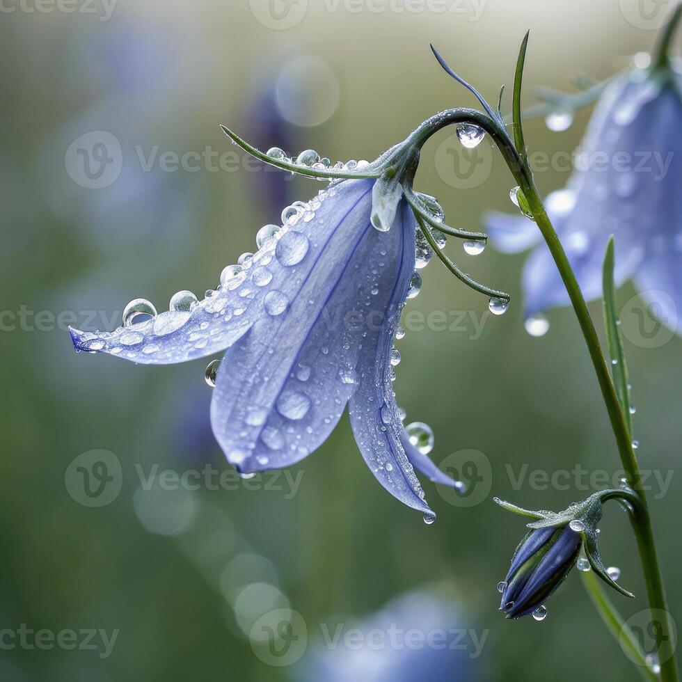 Bluebell flower with raindrops in a soft, tranquil nature background, macro photography photo