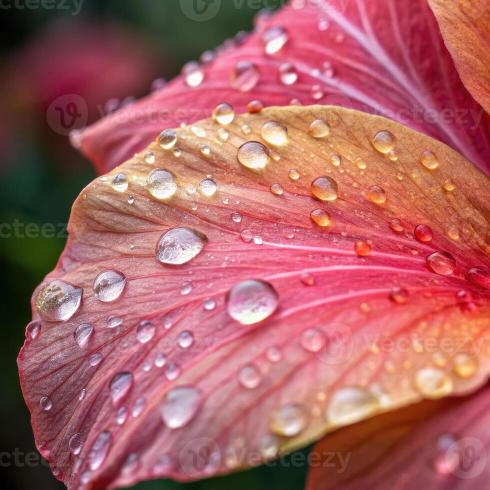 Hibiscus flower petal with dew drops in a soft, colorful background, macro photography photo