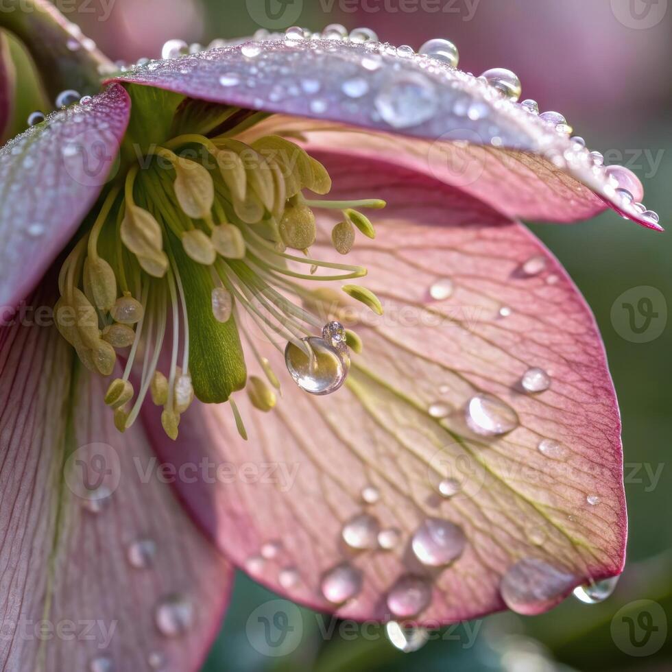 Hellebore flower with dew drops in a soft, delicate background, macro photography photo