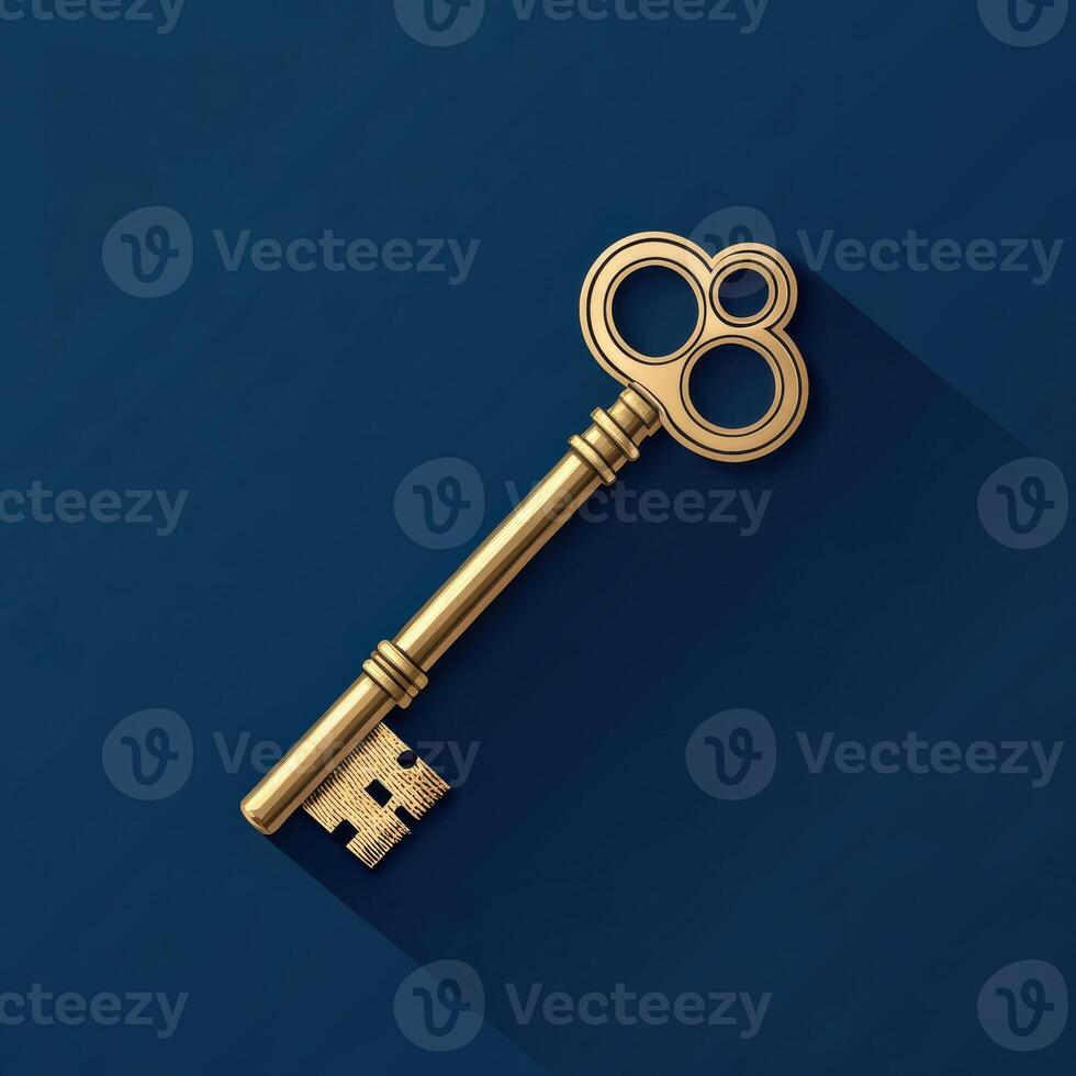 Elegant vintage key on blue background with minimalistic mood and copy space photo