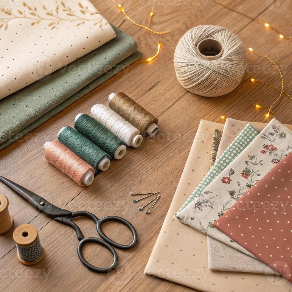 Sewing materials and tools on wooden table with warm atmosphere and copy space photo