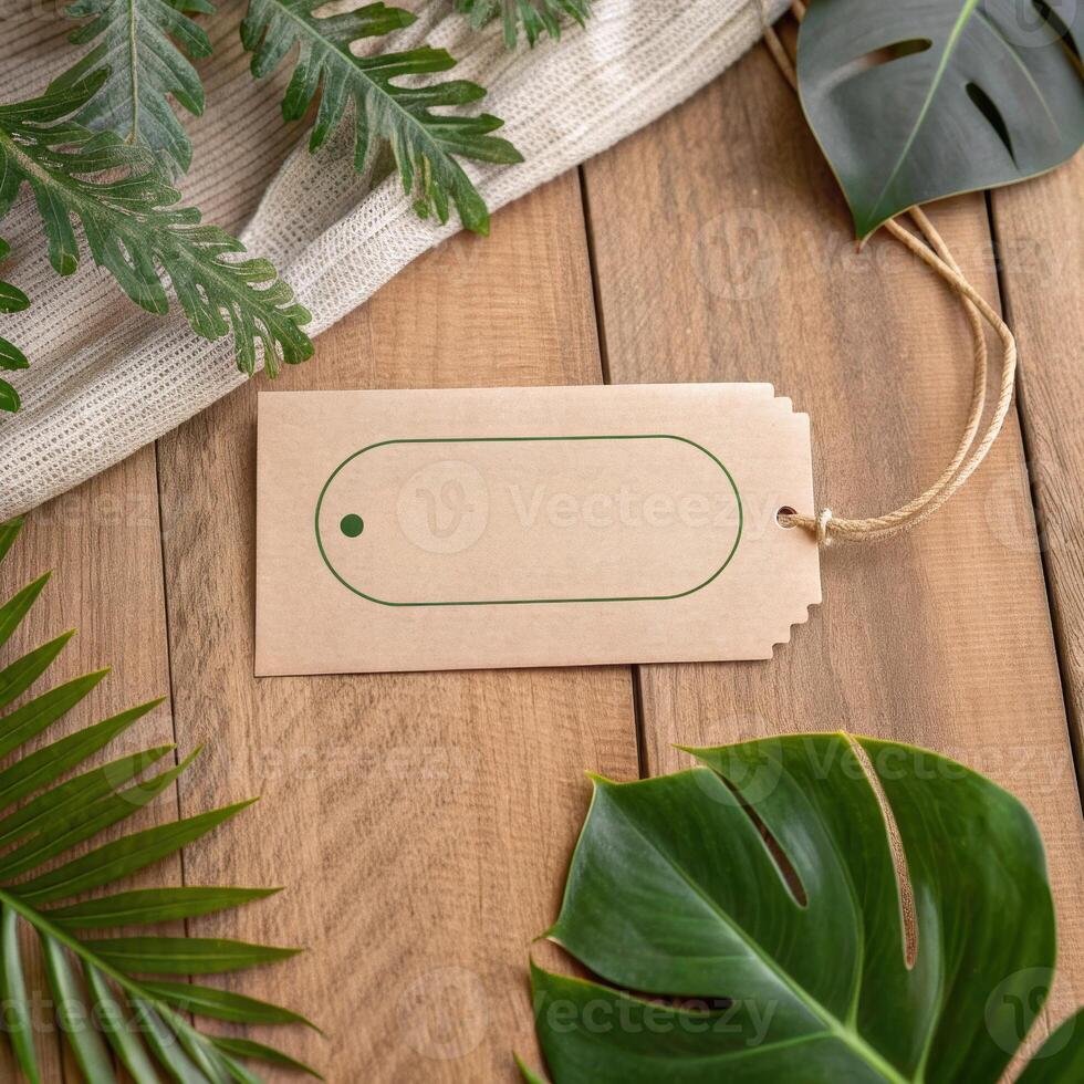Natural kraft paper tag with green outline on a wooden surface surrounded by tropical leaves for eco-friendly branding concept photo