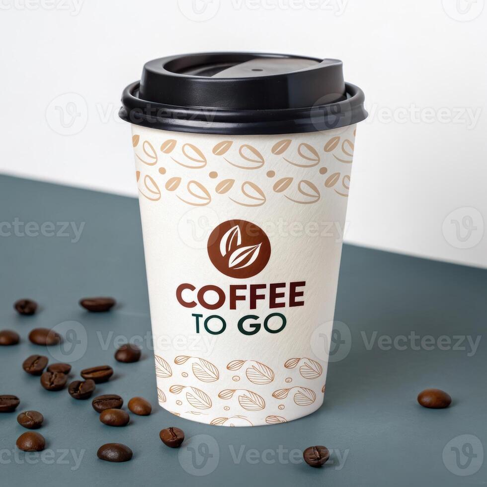 Coffee cup with modern branding and design on a green background with coffee beans photo
