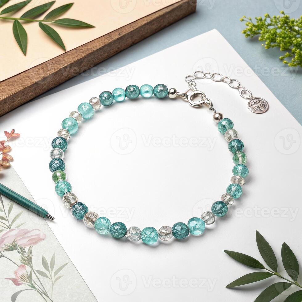 Elegant beaded bracelet with shimmering gemstones on a soft pastel background with copy space photo