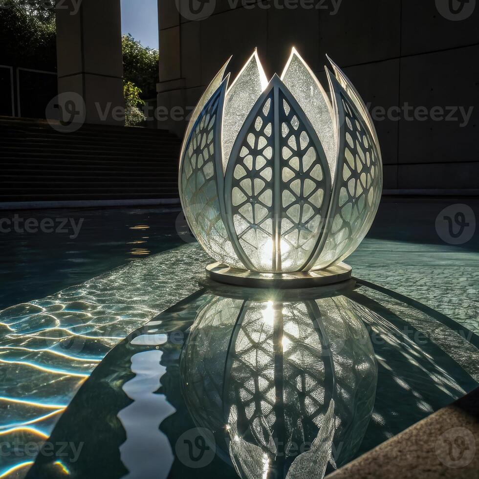 Artistic lotus flower-shaped light fixture reflecting in water pool photo