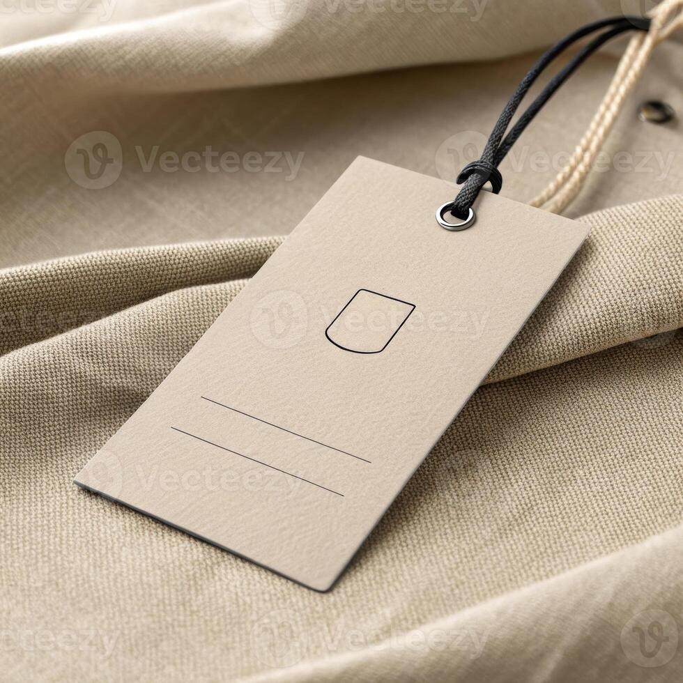 Minimalist clothing tag with a simple design on textured fabric for fashion branding concept photo