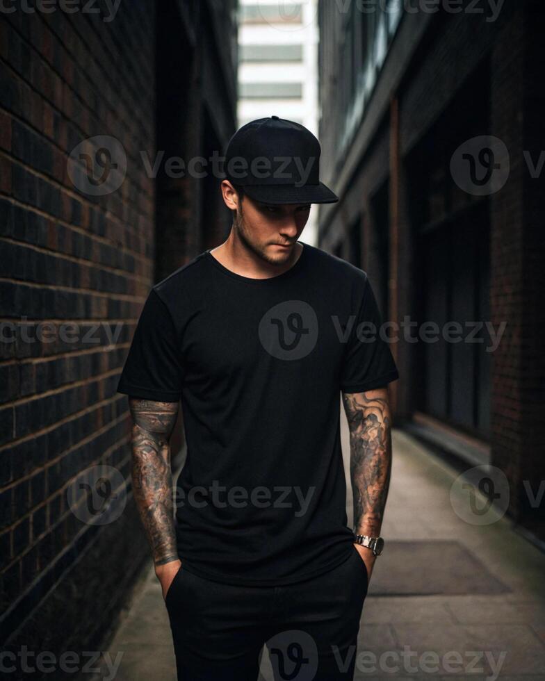 A person stands in a narrow, dimly lit alley with brick walls on both sides. They wear a black cap, black t-shirt, and black pants, with detailed tattoos covering both arms photo