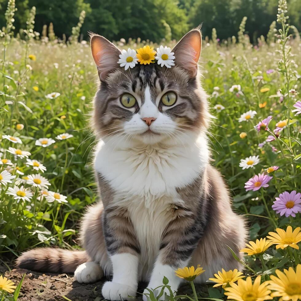 a cat with a flower crown sitting in a field of flowers photo