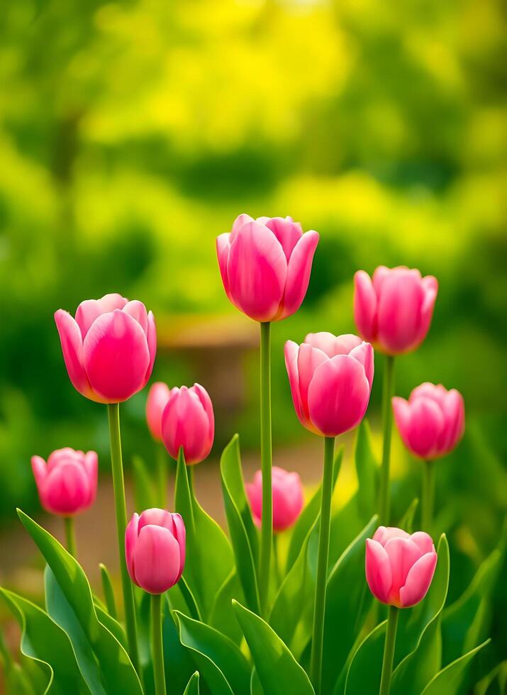 Blooming Pink Tulips in Spring Garden - Vertical Close-Up with Soft White Streaks, Green Foliage, and Sunlit Bokeh for Cheerful Seasonal Floral Scene photo