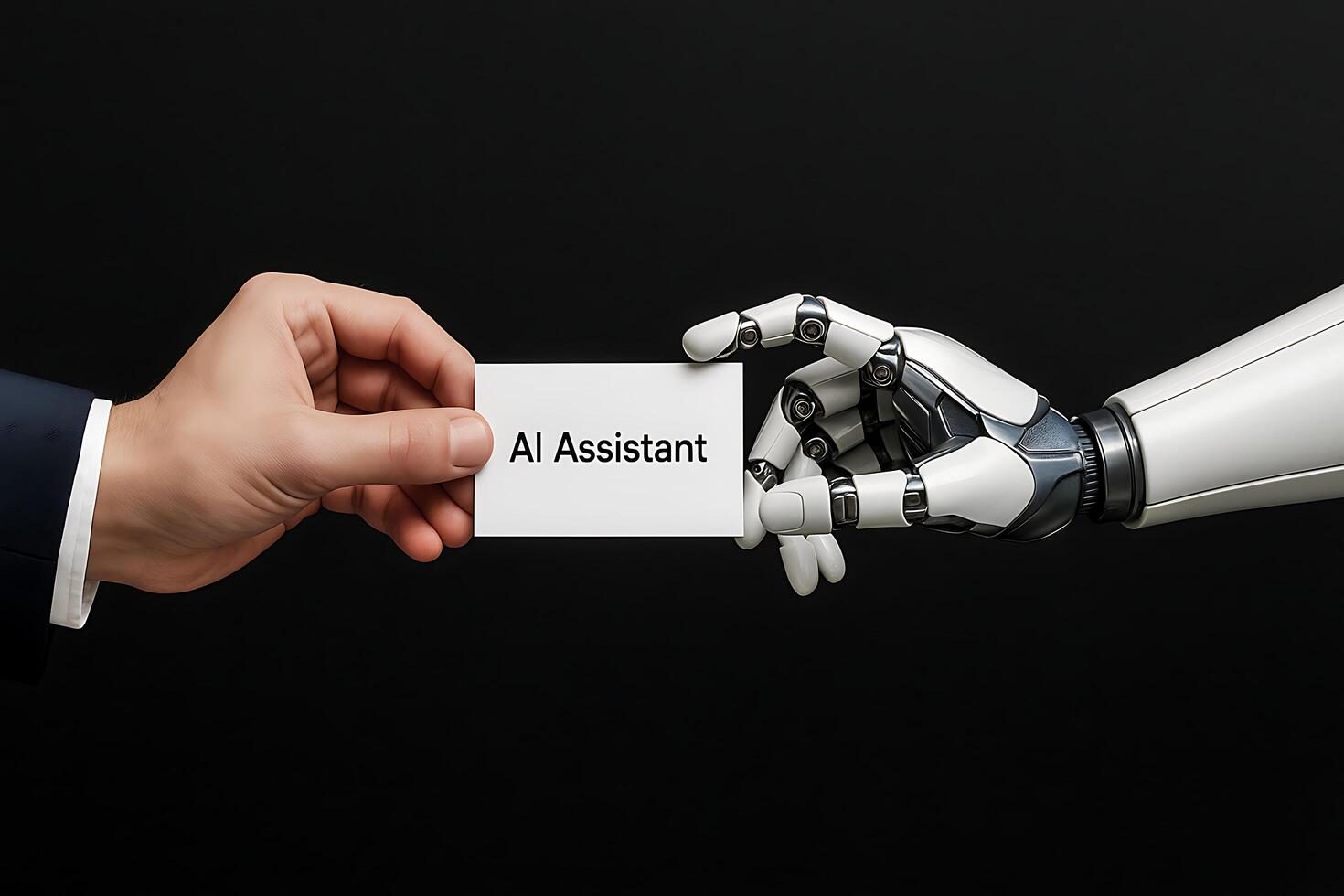 Human and AI Collaboration Concept - Businessman and Robotic Hand Holding AI Assistant Card on Black Background for Futuristic Technology Partnership photo