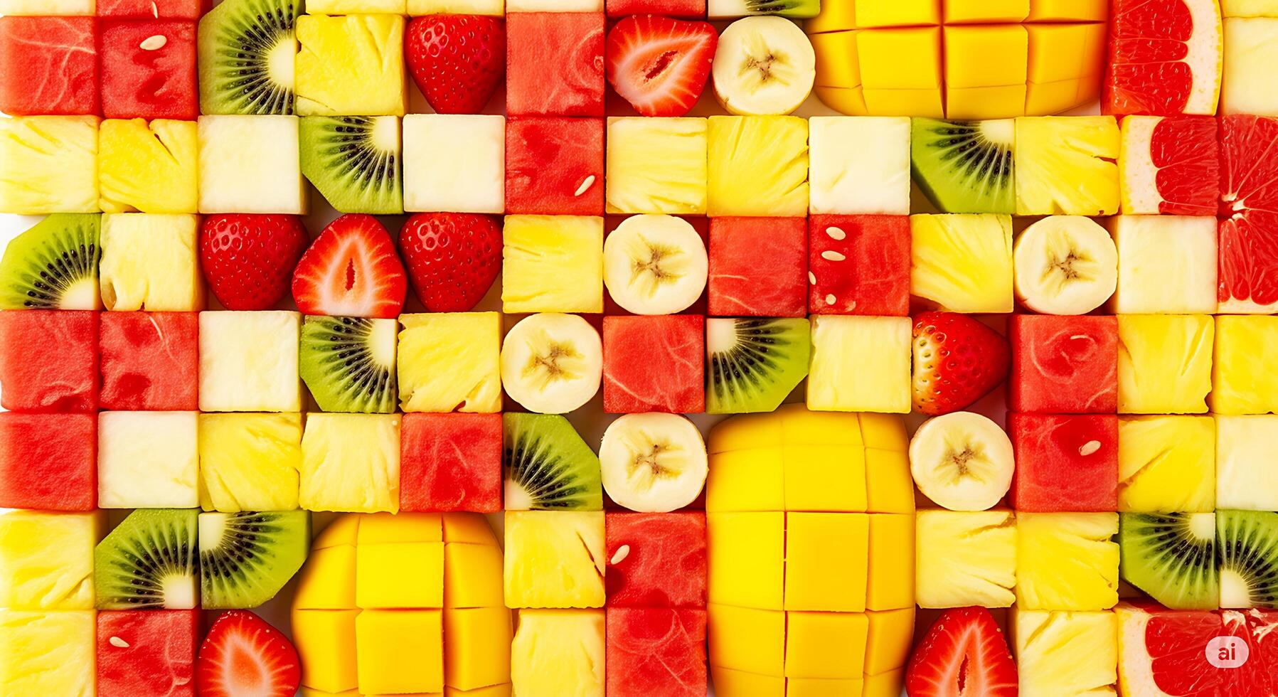 Colorful Fruit Cube Pattern - Fresh Tropical Fruits Background with Kiwi, Mango, Banana, Pineapple, Watermelon, and Strawberry photo