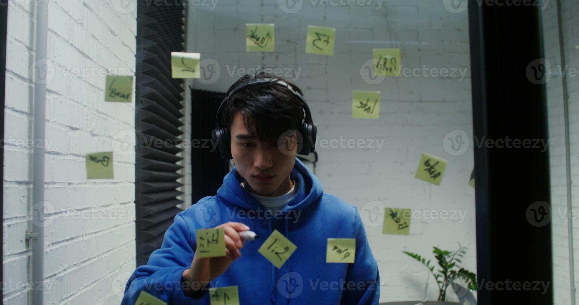 A man wearing headphones and holding a sticky note photo
