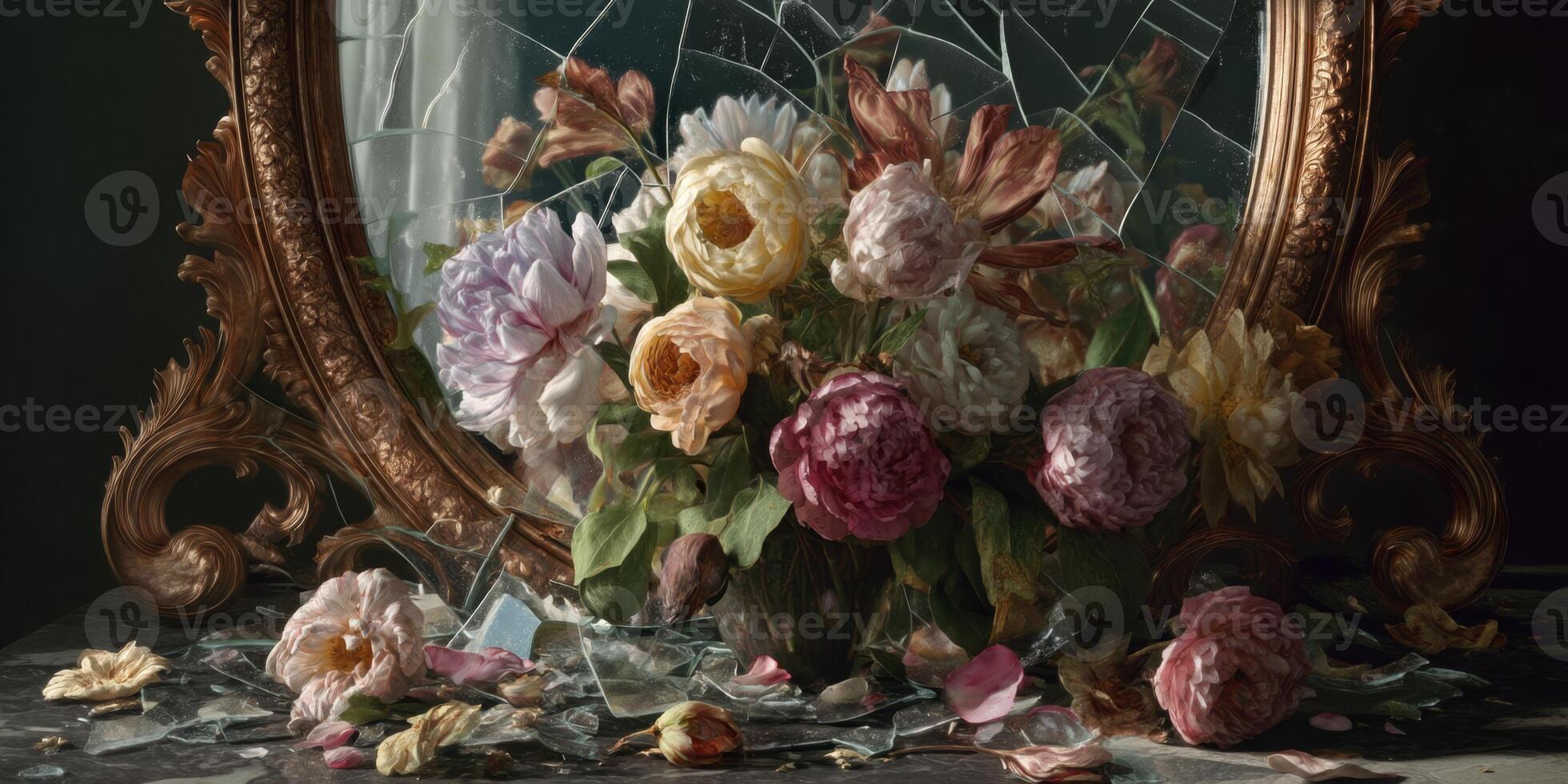 Vibrant Flower Bouquet Amidst Shattered Mirror Glass and Petals in Elegant Setting photo