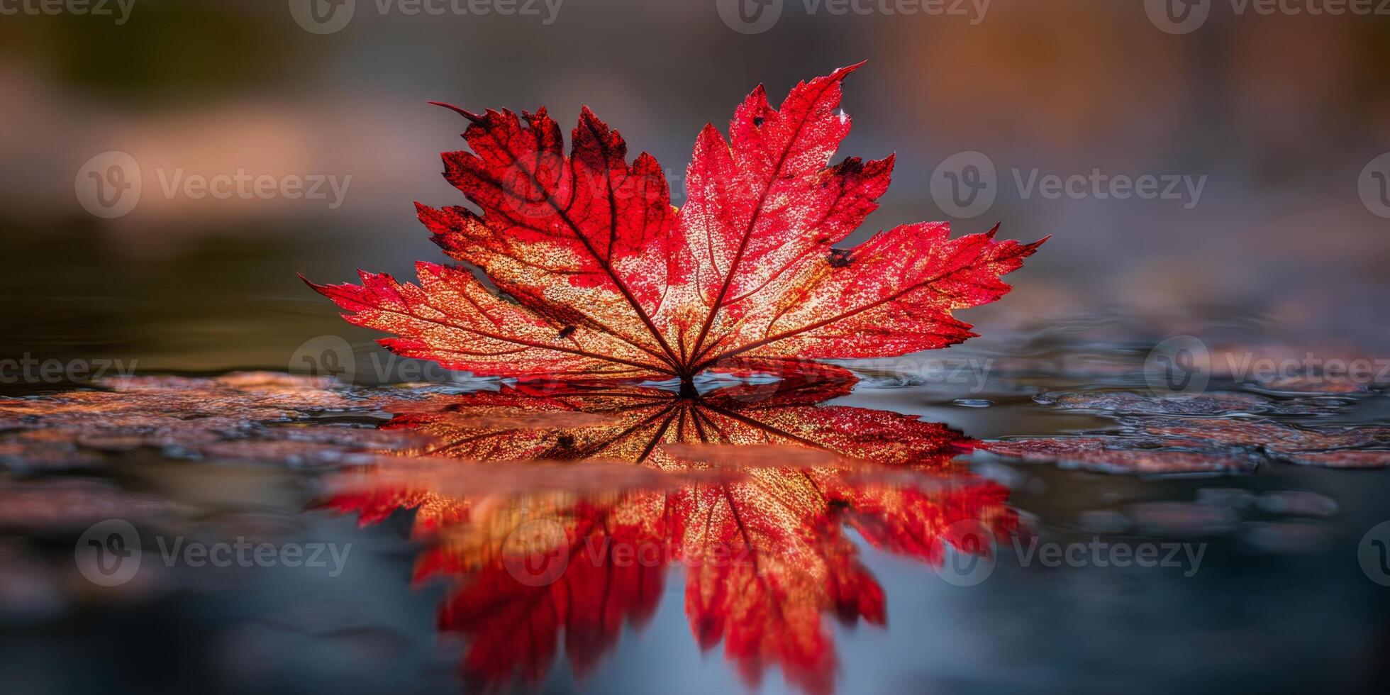 Vibrant Red Maple Leaf Floating on Water Surface with Stunning Reflection in Calm Autumn Atmosphere photo