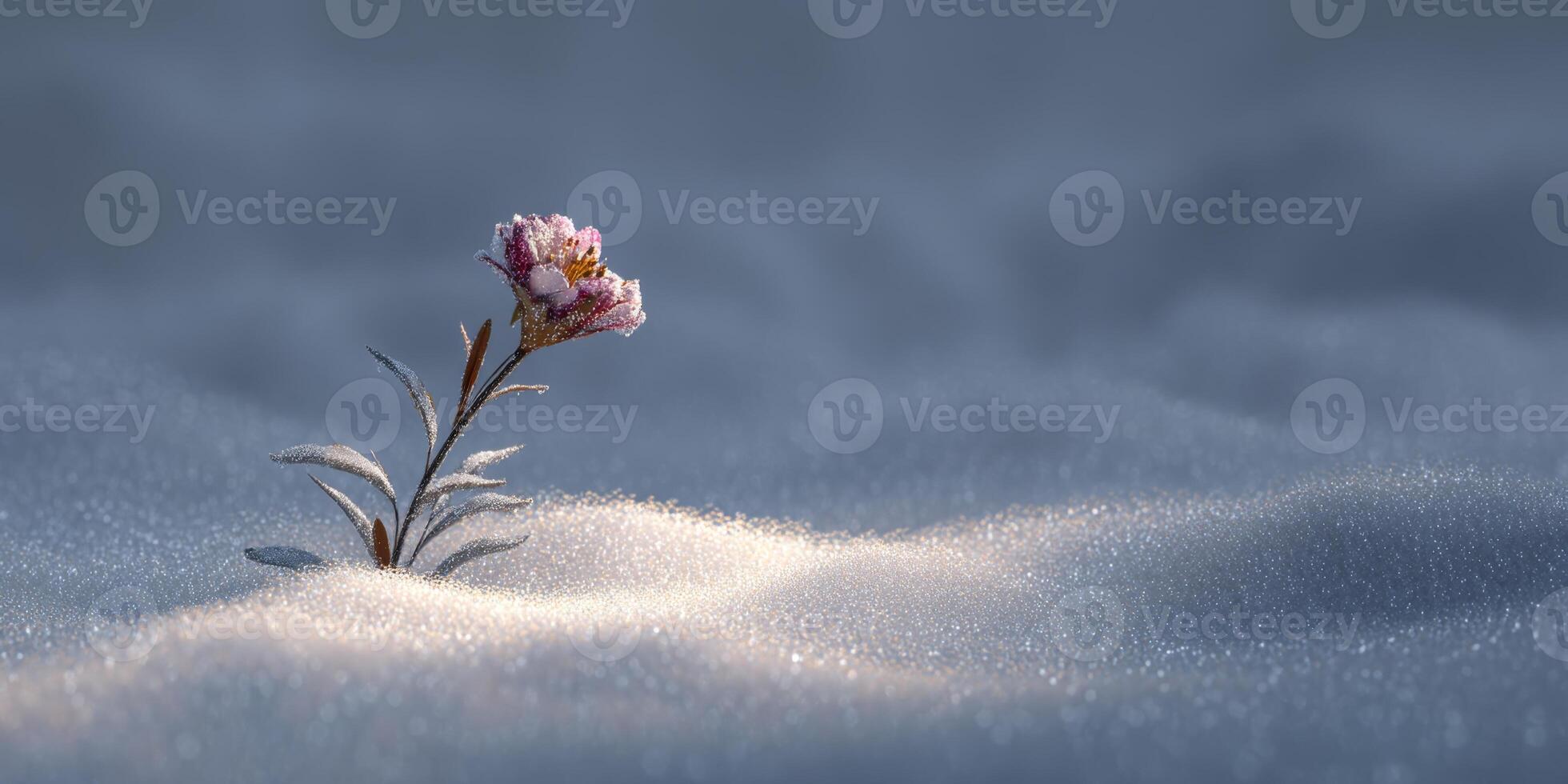Delicate Flower Blooming in Snowy Landscape Under Soft Light, Symbolizing Resilience and Beauty in Harsh Conditions photo