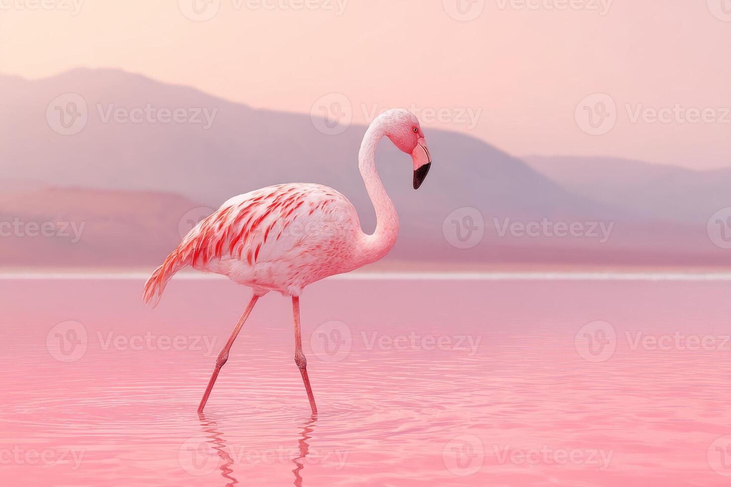 Majestic Pink Flamingo Walking Gracefully in Calm Pink Water at Sunrise with Soft Mountain Background photo