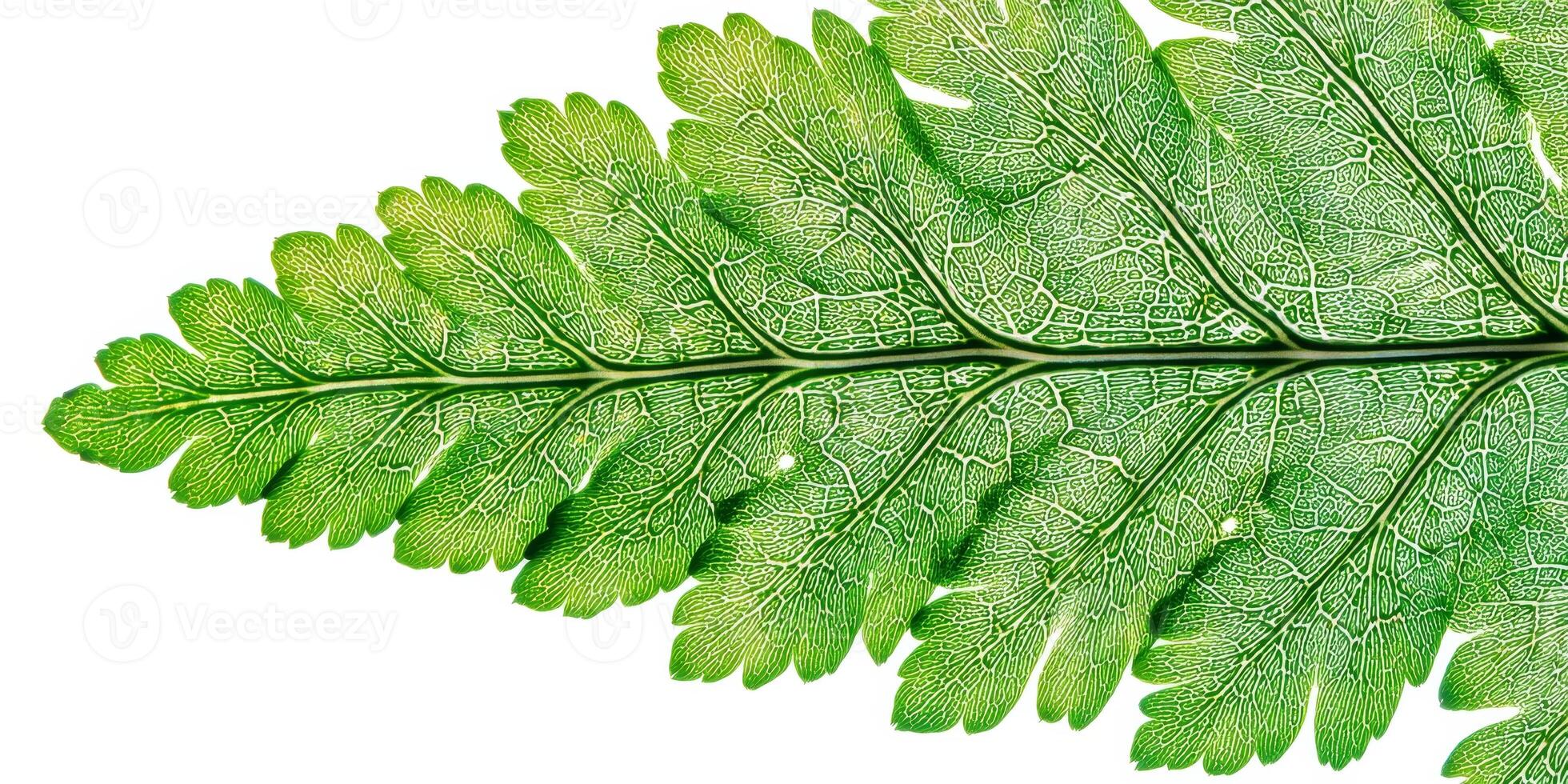 Detailed Close-Up of a Green Fern Leaf Showing Intricate Texture and Natural Patterns on a White Background photo