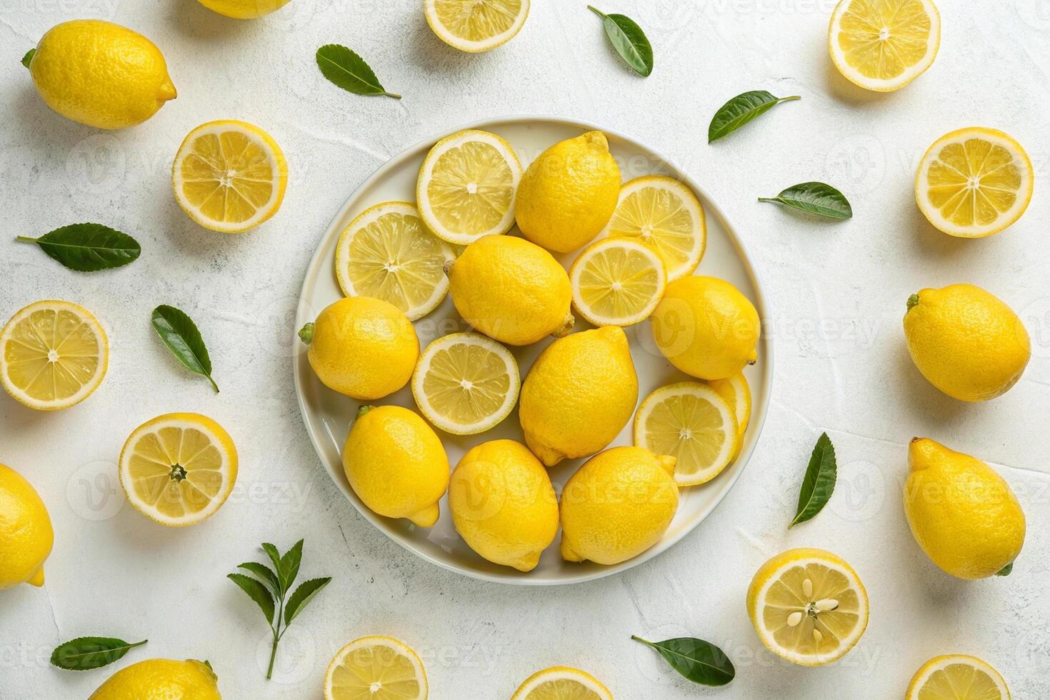 Multiple Lemons on a Plate and Spread Across a White Surface photo