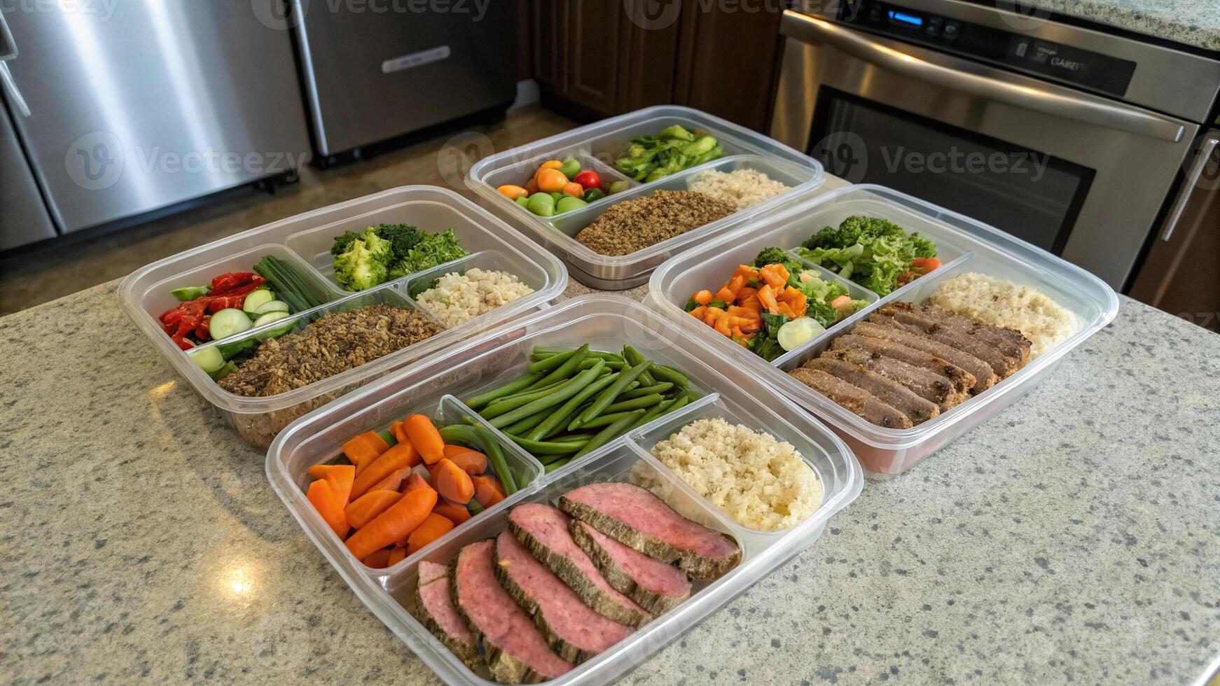 Top Down View of Organized Meal Prep Containers with Healthy Food photo