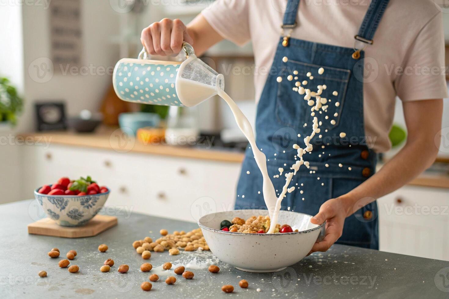 A Person Pouring Milk in a Bowl of Cereal, Milk Splashes Everywhere in Mid Pour Action Shot photo