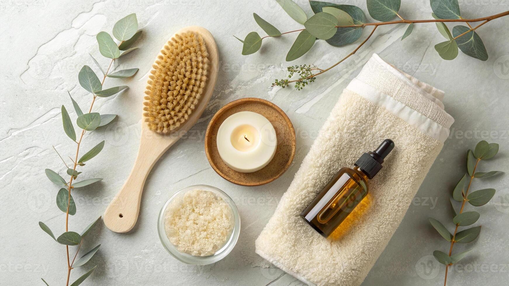 Minimalist Spa Flat Lay with Dry Brush and Natural Elements photo