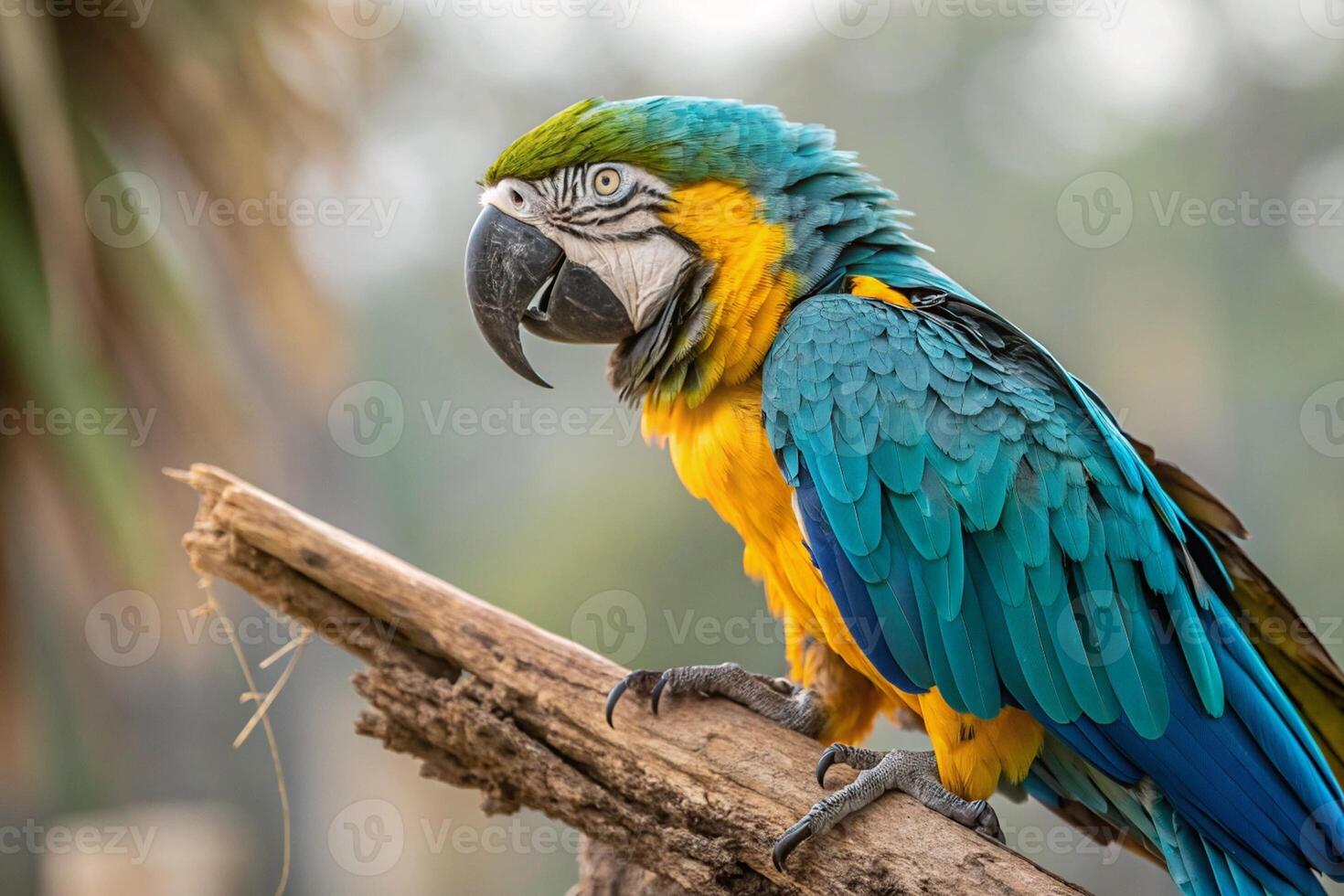 A colorful macaw parrot portrait captured with a blurred background highlighting its vibrant feathers photo