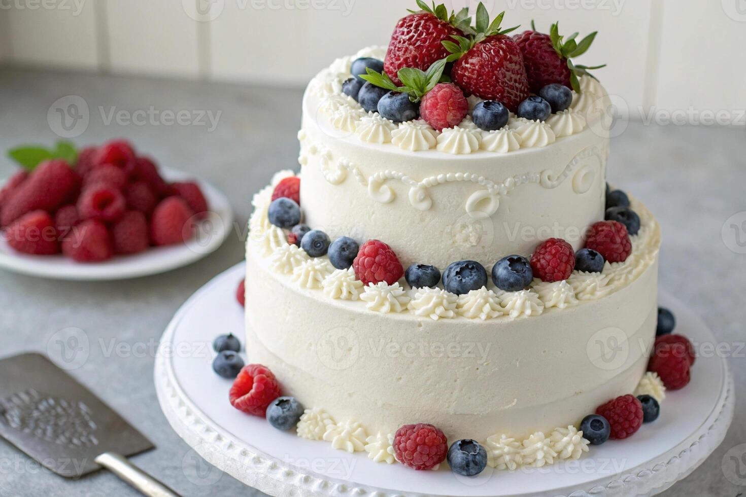 Elegant Two-Tiered White Cake Adorned with Fresh Strawberries and Blueberries photo