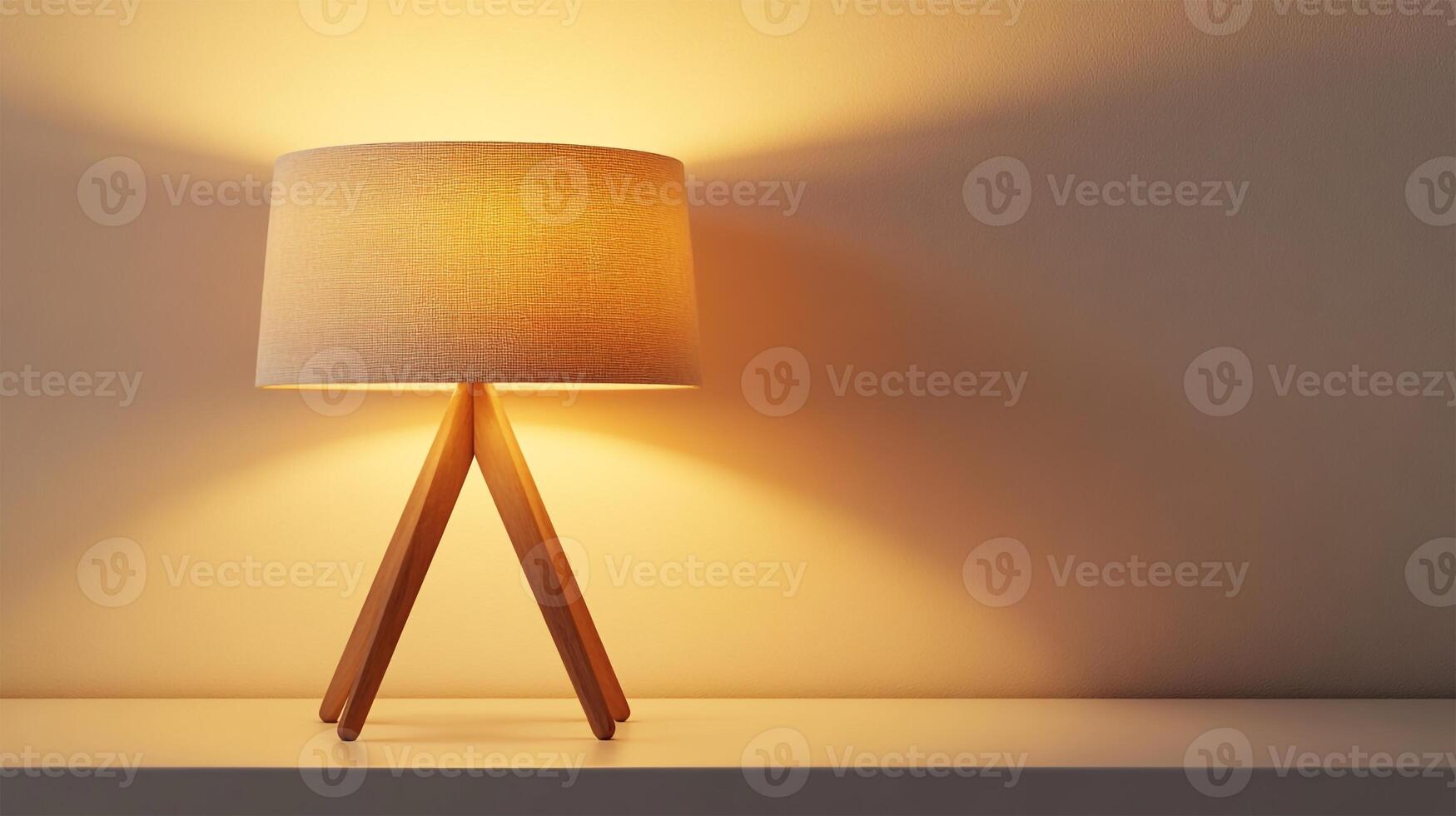 Modern Table Lamp with Triangular Wooden Base and Soft Beige Fabric Shade Illuminating a Room photo