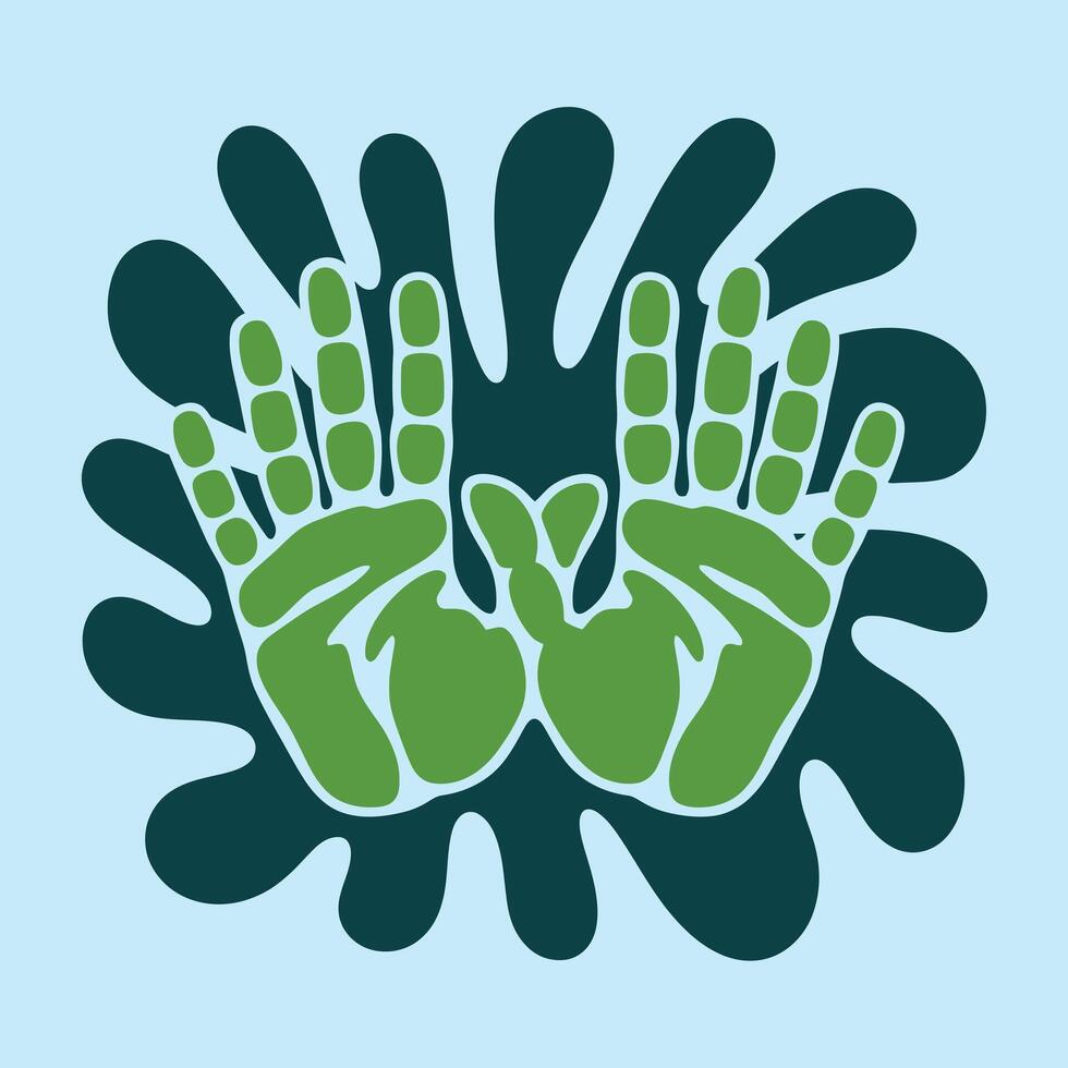 Two hands making a peace sign with a groovy retro background vector