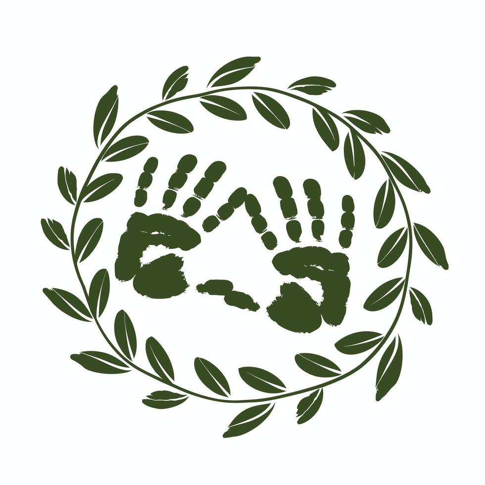 Green handprints in a leaf wreath isolated on white background vector