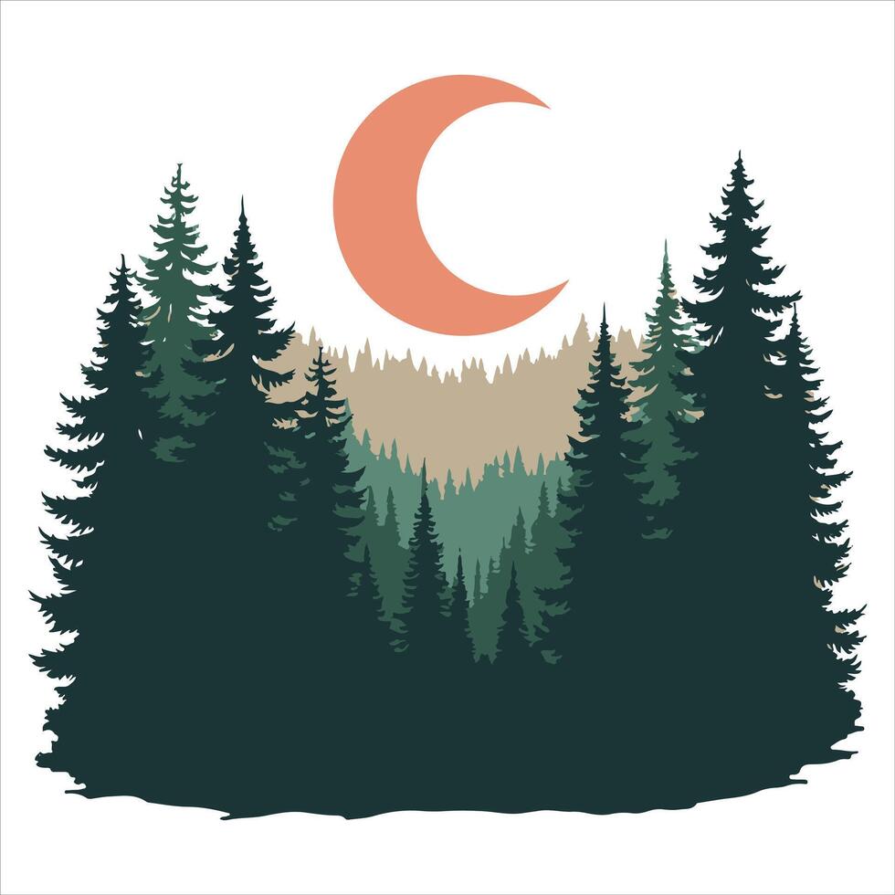 Mountains, trees, a crescent moon, and birds in silhouette vector