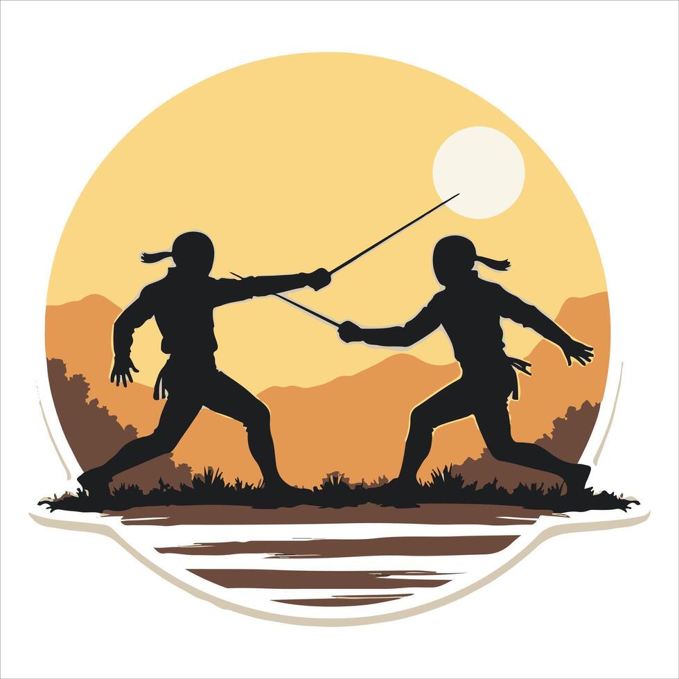 An illustration of a fencing sport with a flat-style cartoon background showing two fencers engaged in combat on the piste vector