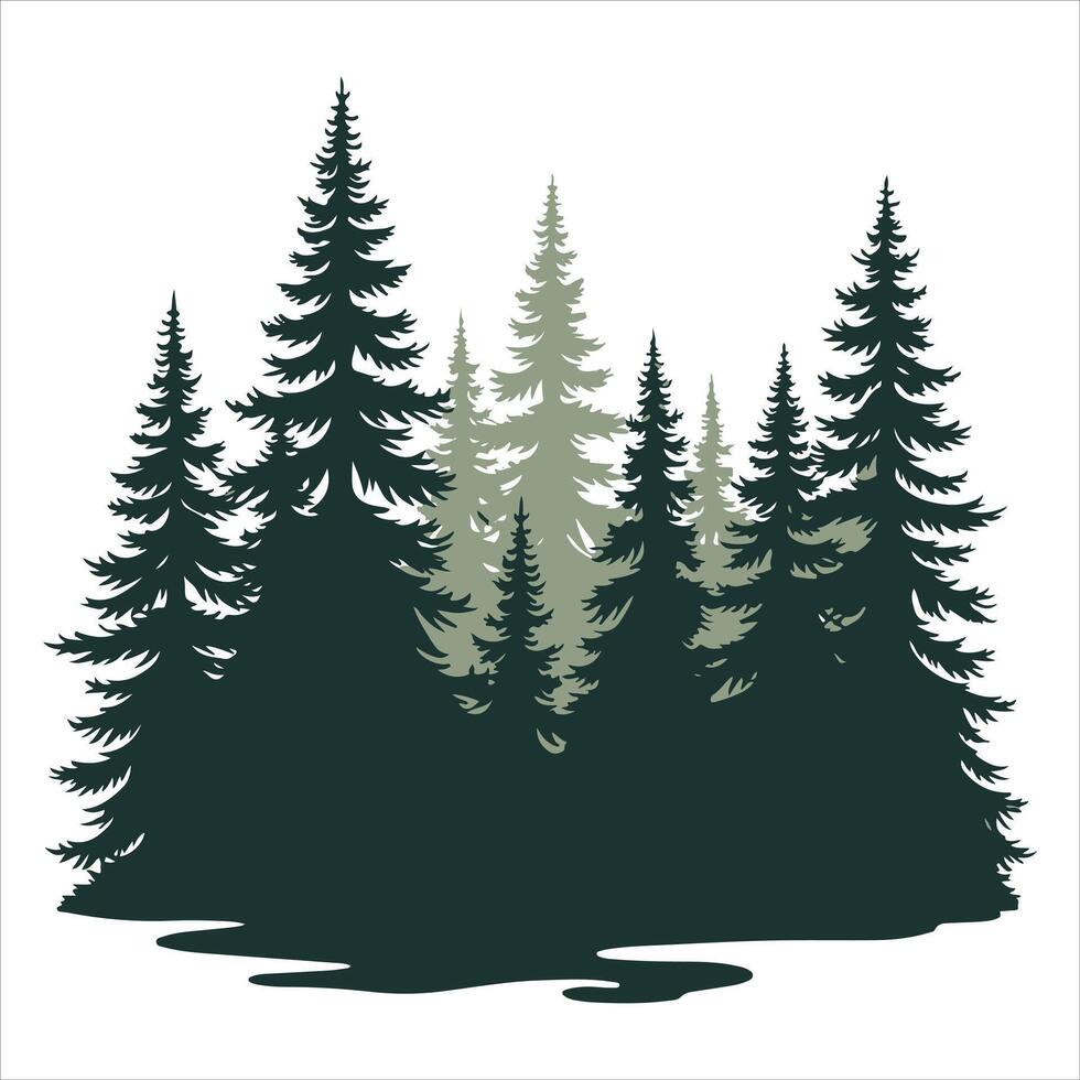 Graphic illustration of a pine tree in a black forest A silhouette in black with a white backdrop vector