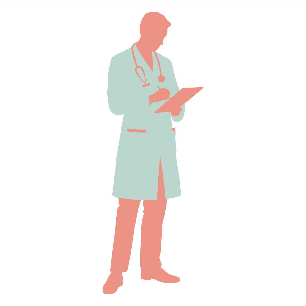 A senior physician with a white coat stands with his hands in his pockets. vector