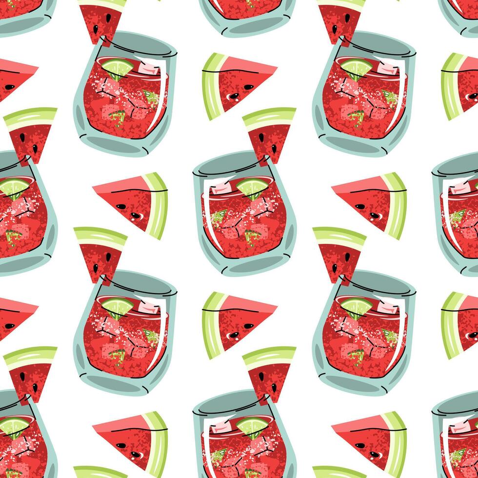 Watermelon cocktail flat seamless pattern. Background with Summer drink with ice cubes and fresh watermelon slices. Bar menu, party decor, beverage packaging, tropical design. vector
