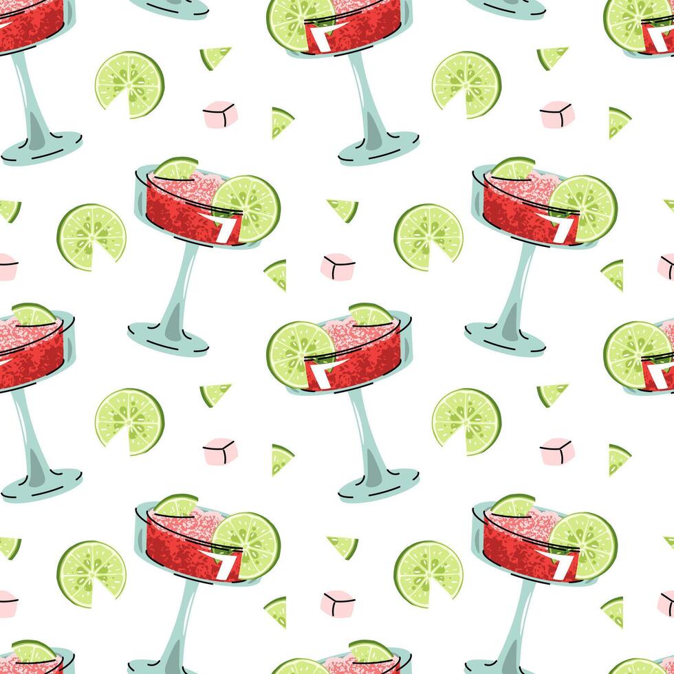 Watermelon Cocktail Seamless Pattern with Lime Slice and Crushed Ice in Flat Design for Summer Graphics Beverage Packaging Backgrounds vector
