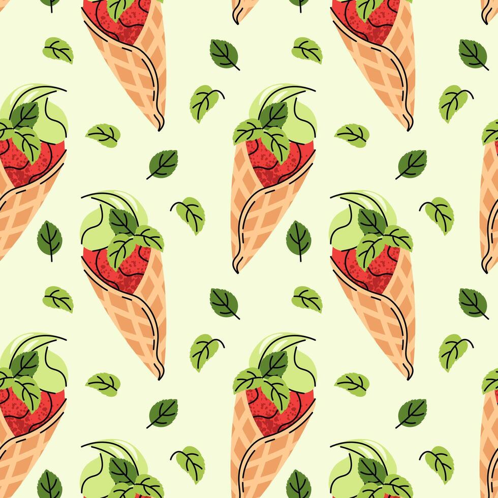 Watermelon ice cream seamless pattern. Flat waffle cone with sorbet and mint leaves. Summer textiles, dessert packaging, cafe decor, party supplies. illustration vector