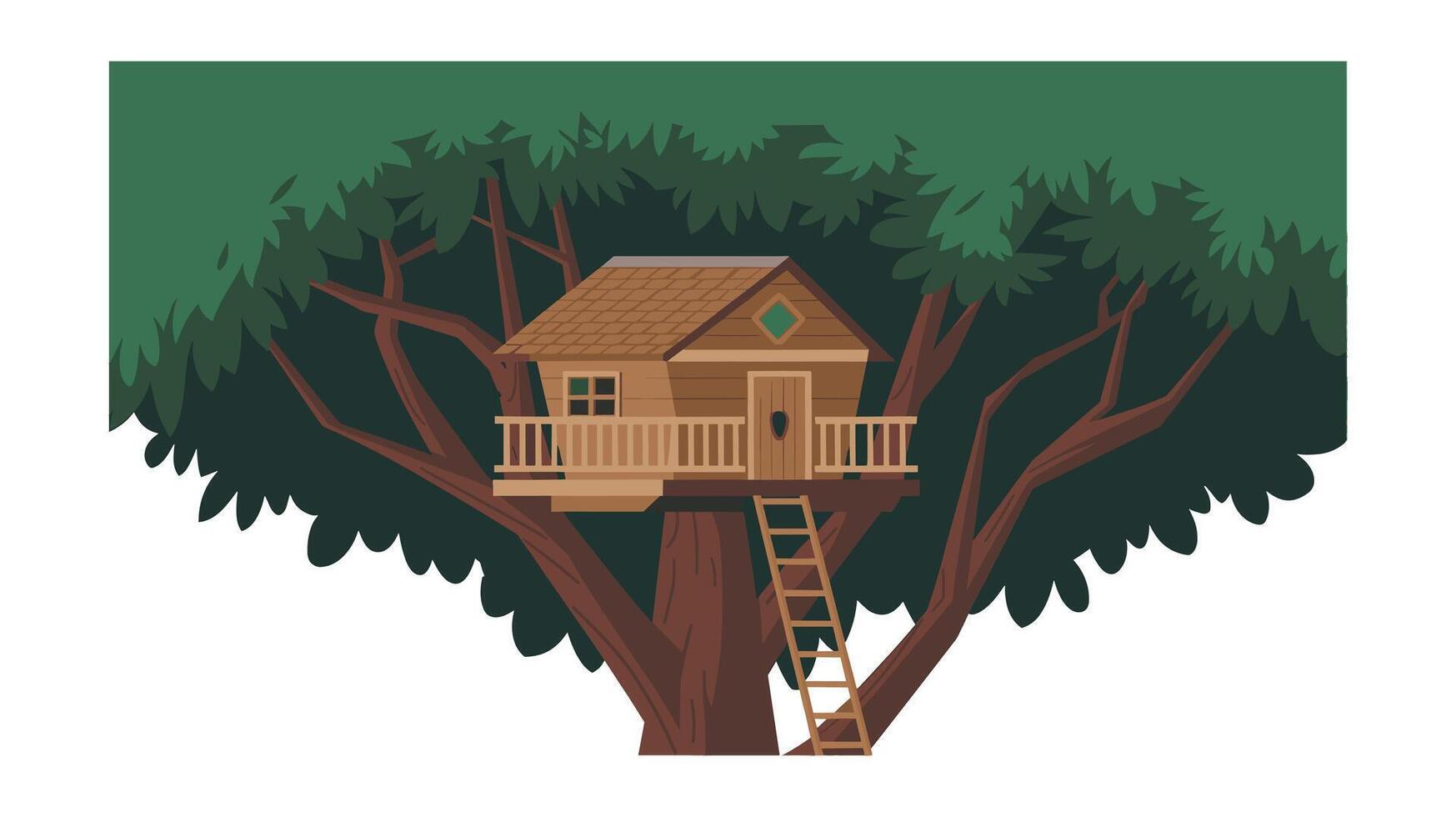 Charming wooden tree house in lush green canopy vector