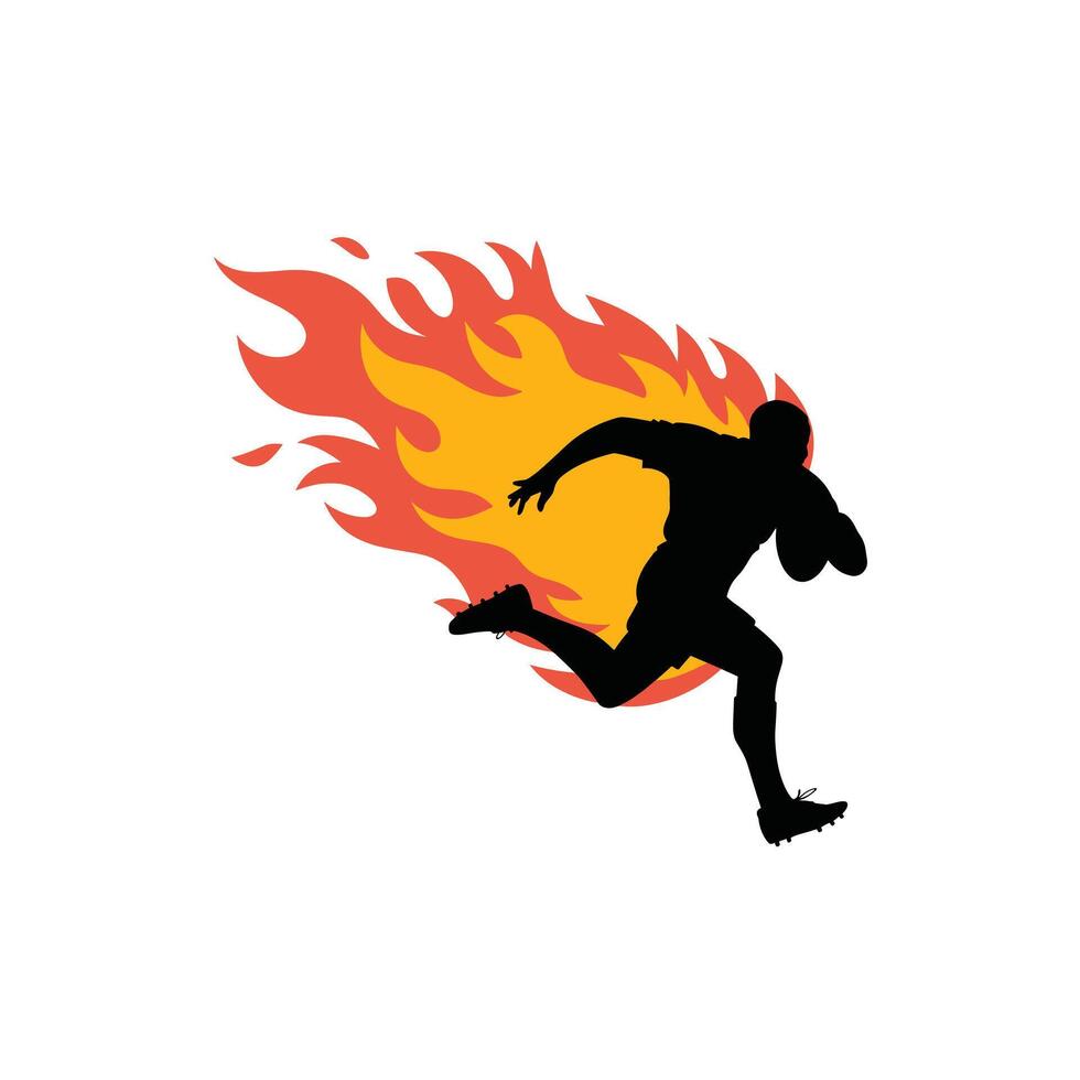 Fiery rugby player silhouette running with ball vector