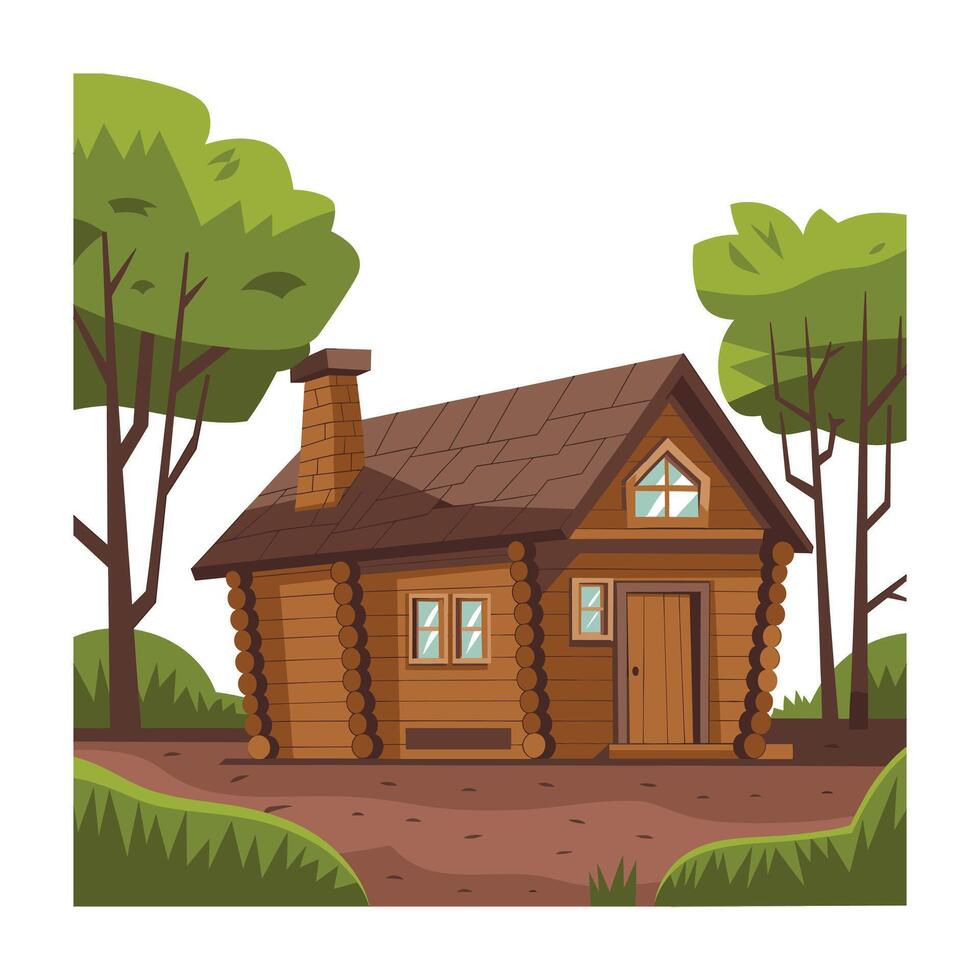 Charming wooden cabin in a lush green forest setting vector