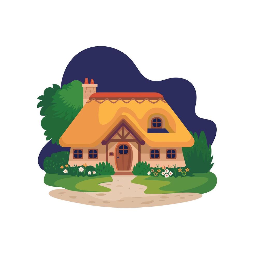 Charming thatched roof cottage in a garden setting vector